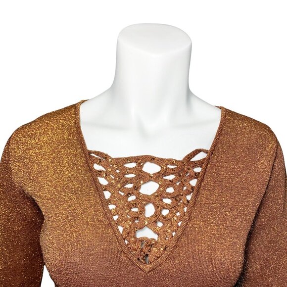 VINTAGE JOSEPH A. Deadstock Y2K Copper Metallic Lattice Front Holiday Sweater - Picture 3 of 5